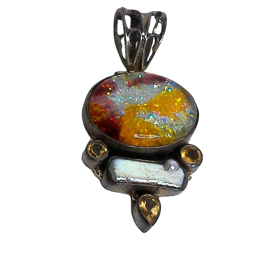 Vintage 925 Sterling Silver Multi Color Dichroic Glass Citrine Pendant - Picture 5 of 6